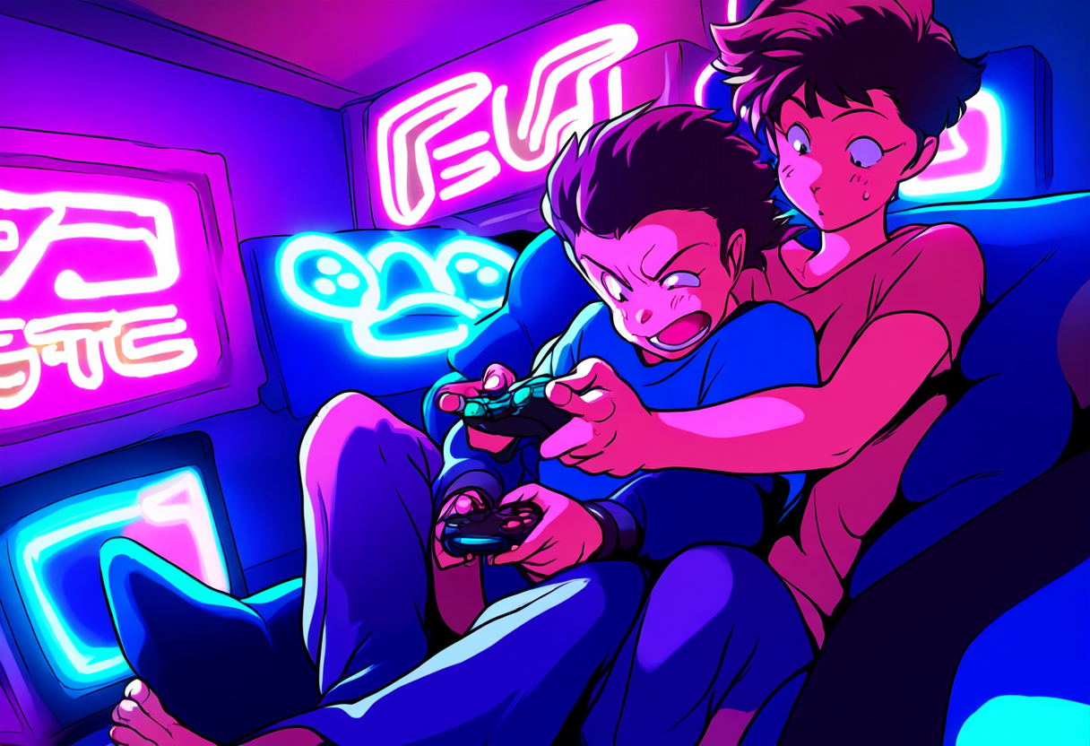 Anime-illustratie van twee vrienden die samen gamen met controllers in een neon-kamer