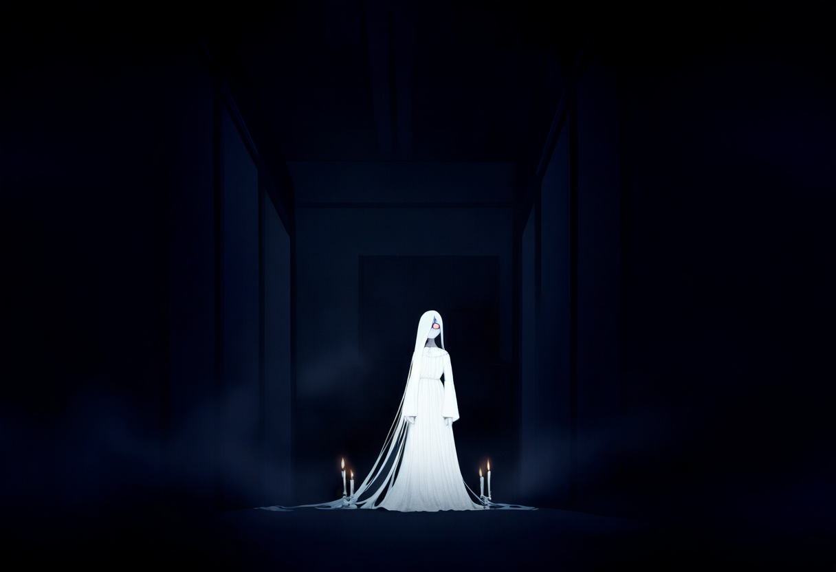 Horror anime geest met lang zwart haar en kaarsen