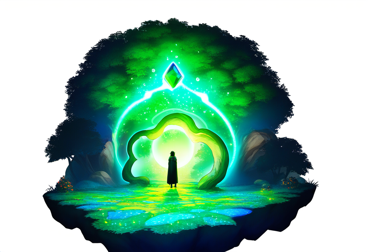 Anime-illustratie van een held voor een gloeiende magische poort op een zwevend eiland