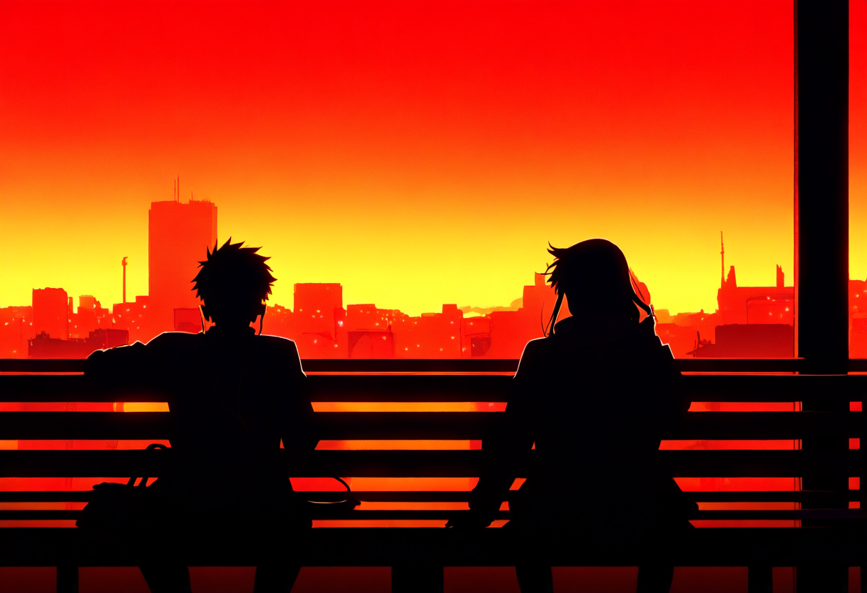 Anime koppel op een bank bij zonsondergang met uitzicht op de stad