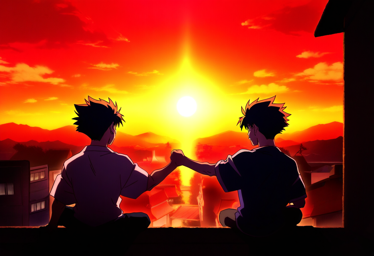Shonen anime vriendschap: twee vrienden met een fist bump bij zonsondergang