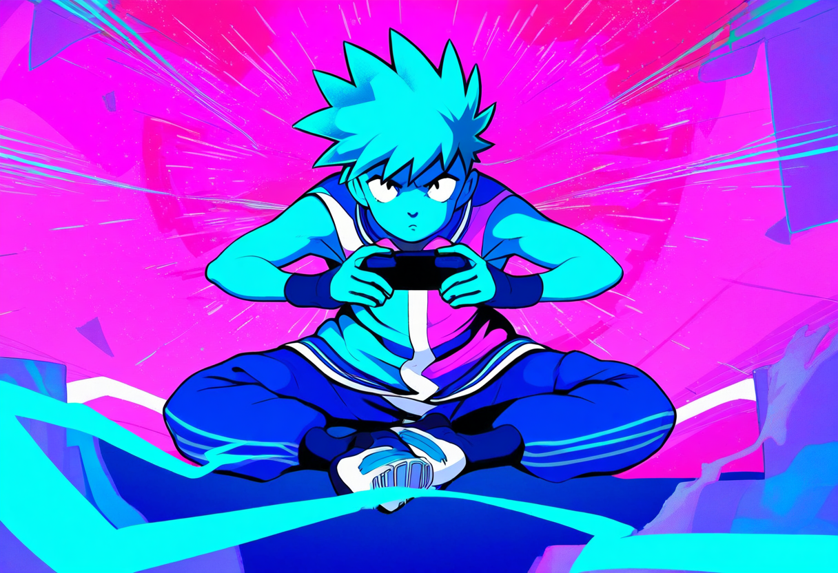 Anime-stijl illustratie van een gamer die enthousiast een actiegame speelt