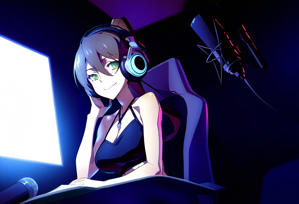 Anime voice actress in een studio met microfoon