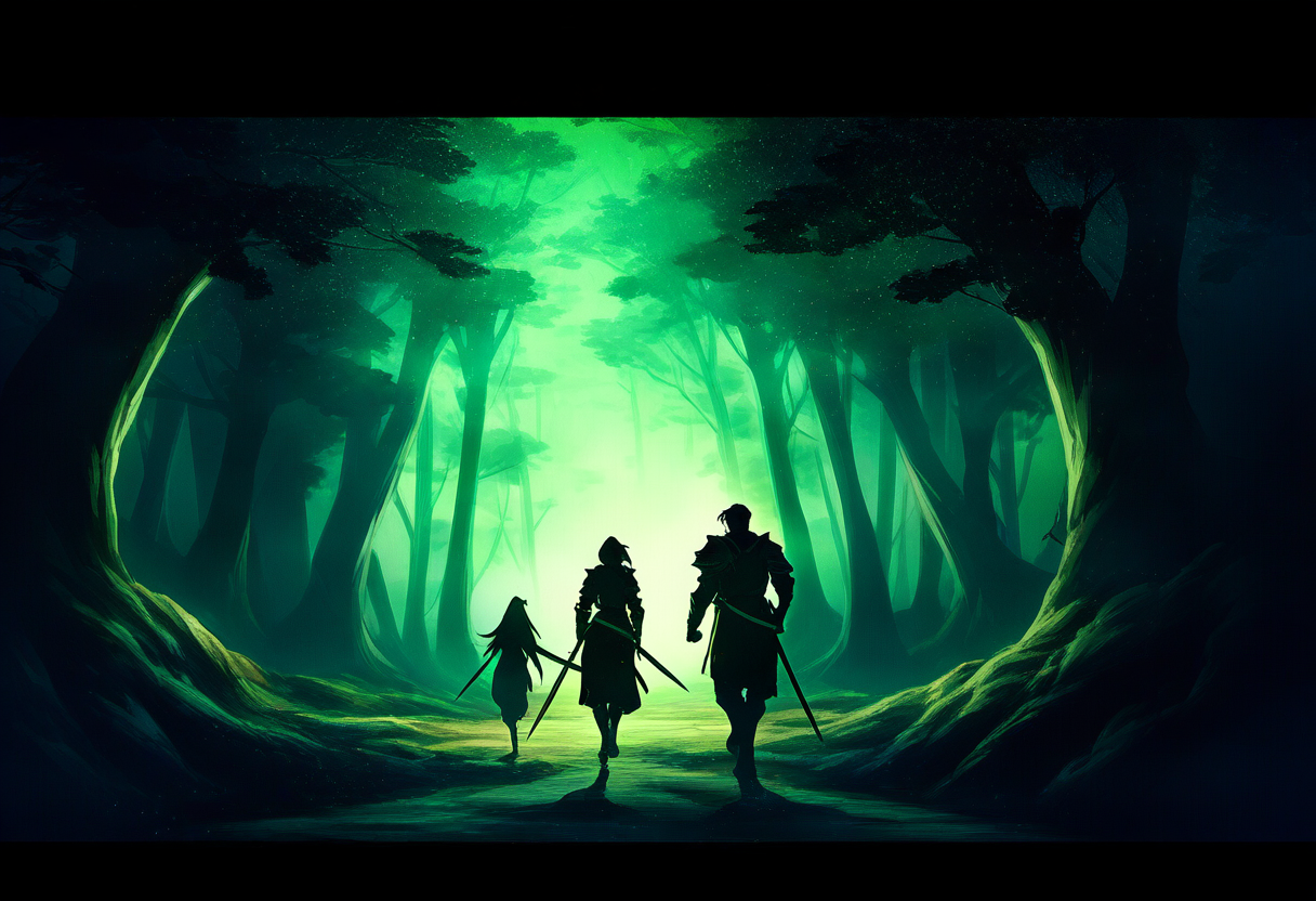 Fantasy anime avonturiers in een magisch bos op weg naar een dungeon