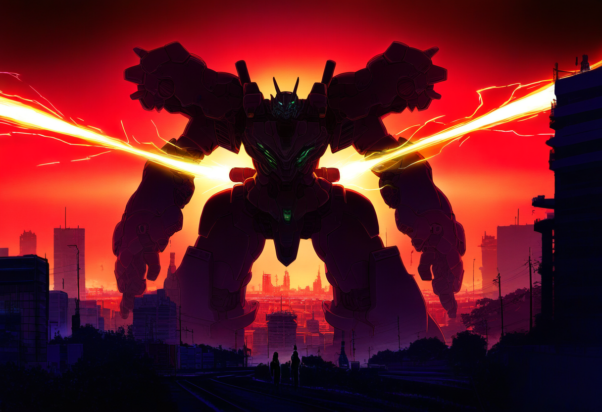 mecha robots gevecht in futuristische stad bij zonsondergang