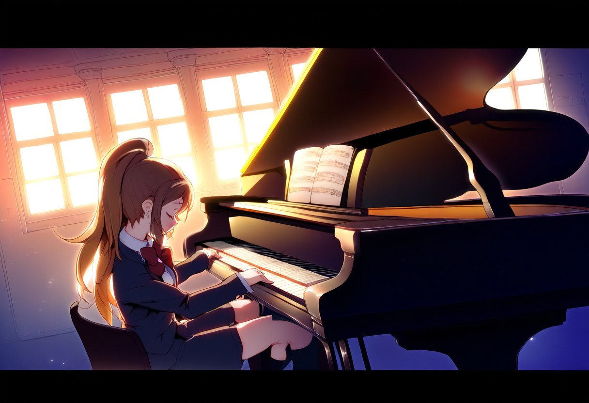 Meisje speelt piano in een muziek-anime