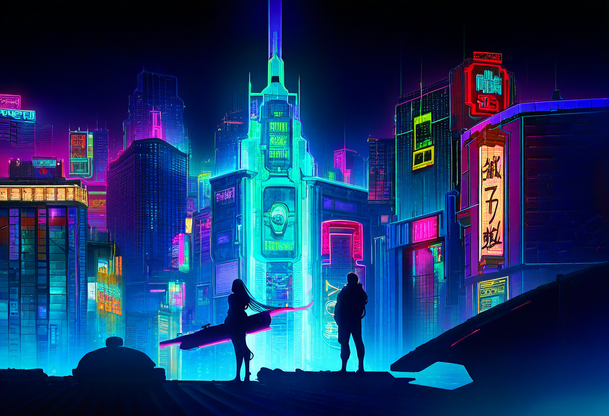 Futuristische cyberpunk-stad bij nacht — sfeerbeeld bij de beste sci-fi anime