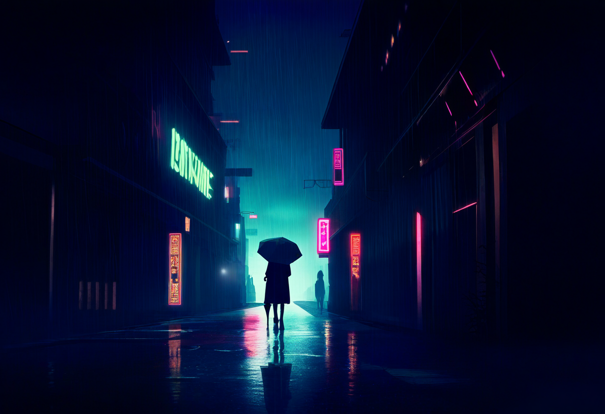 Sfeerbeeld seinen anime: cyberpunk stad bij nacht in anime-stijl