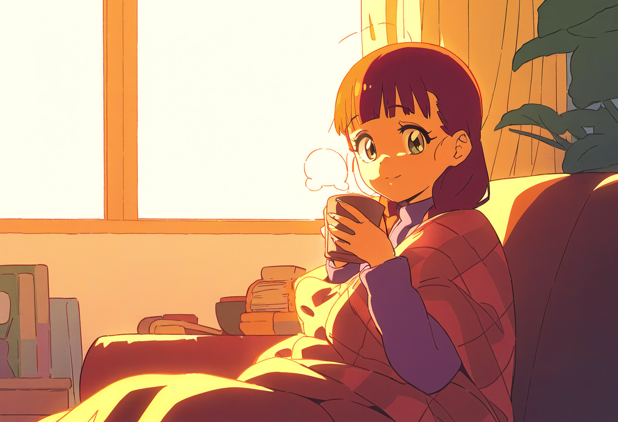 Beste slice of life anime - meisje drinkt thee in een knusse woonkamer