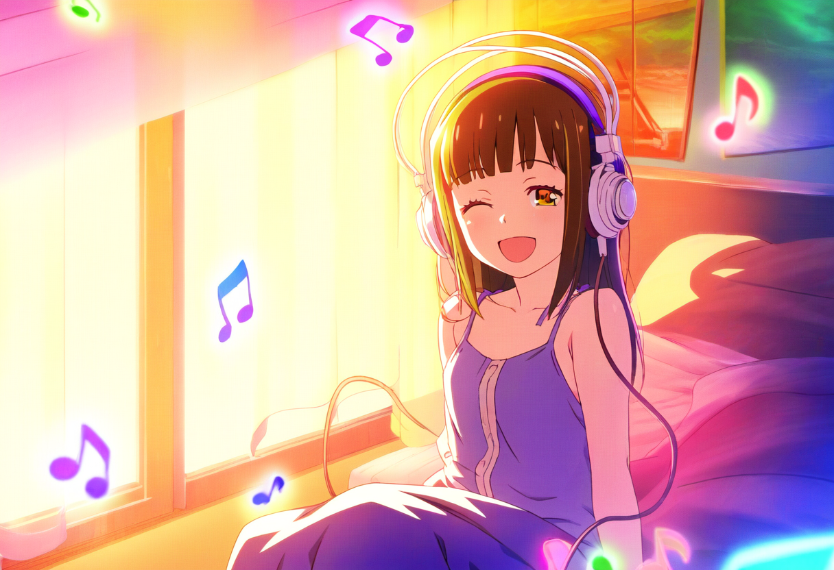 Anime meisje luistert ontspannen naar muziek met een grote koptelefoon