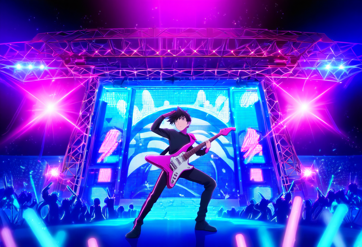 Anime gitarist op een concertpodium met publiek