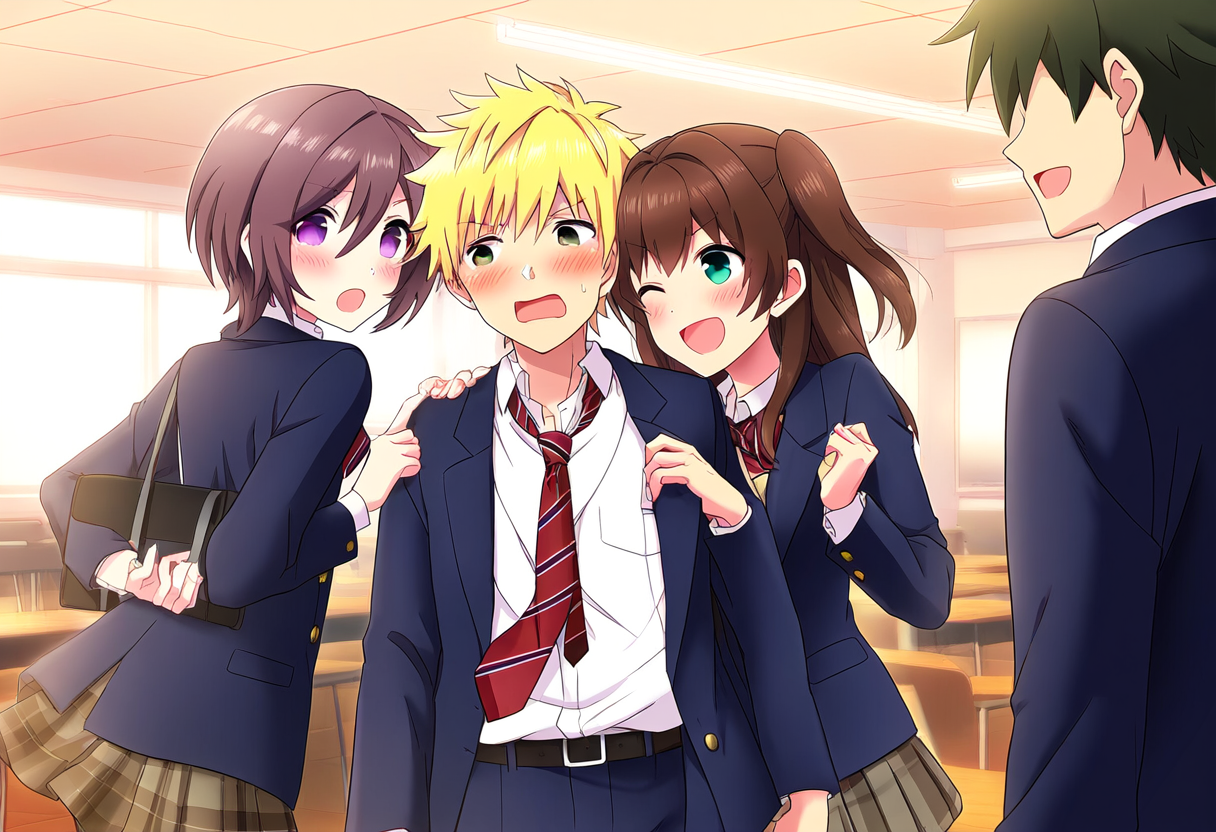 Komische harem anime scene in een klaslokaal